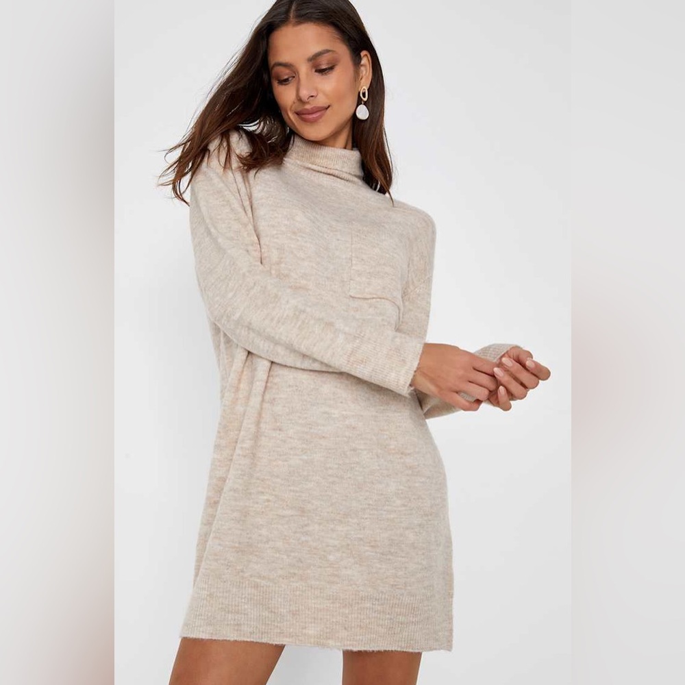 Lulu's Positively Charming Heather Beige Turtleneck Mini Sweater Dress